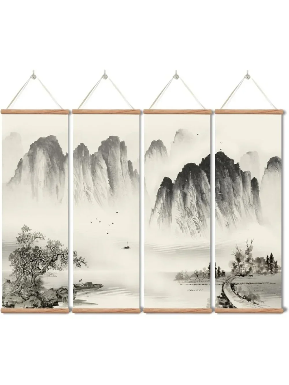 Chinese Ancient Landscape Scroll Wall Art Set - 4-Piece Wooden Decor for Home